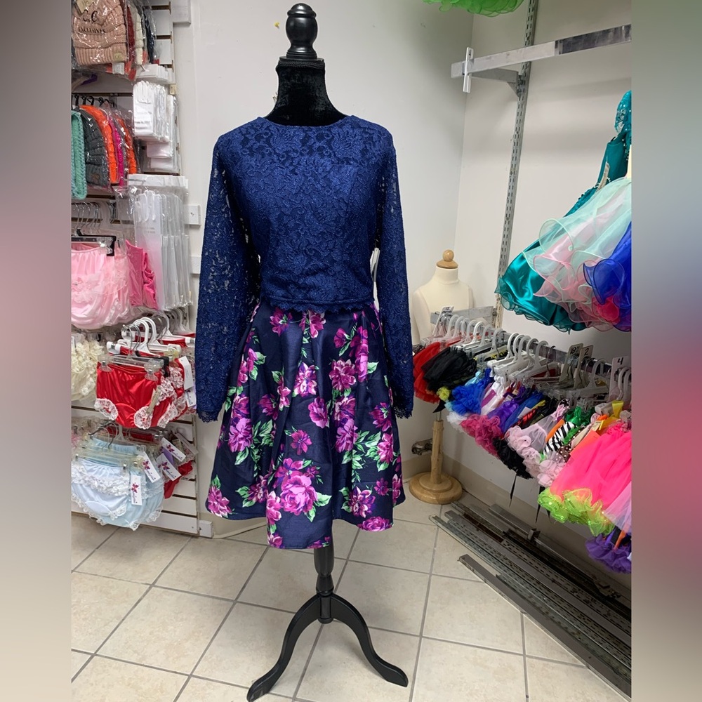 Size 24 Navy Floral Long Sleeve 2 Pc Prom Homecoming Cocktail Party Dress NWT